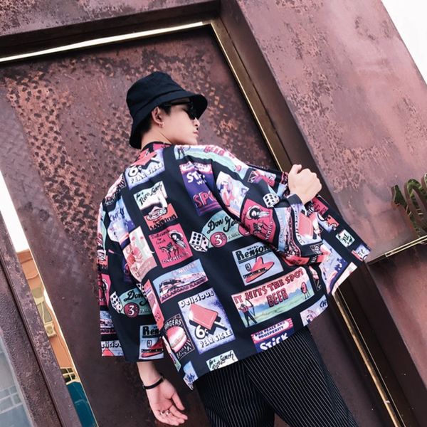 

#4263 new men shirt kimono japanese harajuku men's cotton streetwear cardigan outwear traditional open stitch casual clothes, White;black
