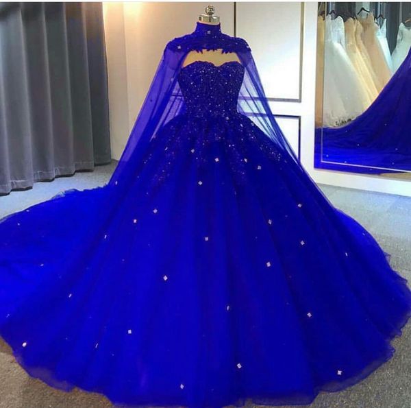 Königsblaue Ballkleid-Abschlussballkleider, Perlenstickerei, Spitzenapplikationen, Abendkleider mit Wraps, Stufenröcke, Partykleid, Roben de Soiré