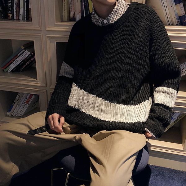 

2018 winter korean men's fashion cashmere casual loose spliced knitting round neck woolen pullover in warm brand sweater -2xl, White;black