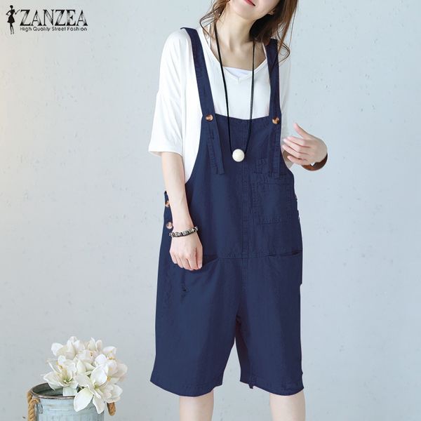 

zanzea 2019 summer casual playsuits women solid cotton linen wide leg pants vintage strappy overalls jumpsuits rompers pantalon, Black;white