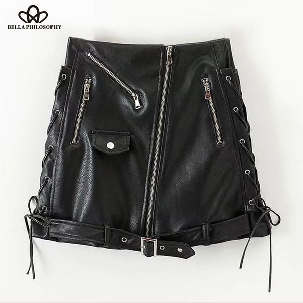 

bella philosophy 2019 autumn winter high waist skirt pu faux leather women skirt black zipper mini a line solid skirt women, Black;gray