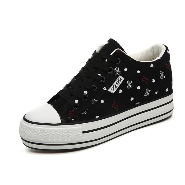 

thick platform sneakers wedge heel women casual canvas shoes women brand fashion cute printed bow sneakers women chunky shoes, Black