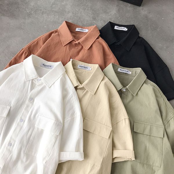 

summer 2020 cartoon printing men's casual couple solid color korean original pure cotton short-sleeved shirt s-2xl, White;black
