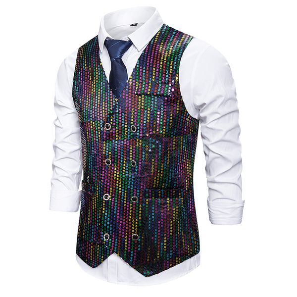 

shiny colorful sequins suit vest men 2019 fashion slim fit double breasted vest waistcoat men party wedding tuxedo vests male, Black;white