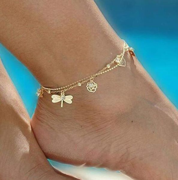 Gold Bohemian Anklet Beach Foot Jewelry Perna Cadeia de borboleta Dragoy deixa tornozeleiras para mulheres Barefoot Sandals Torthal