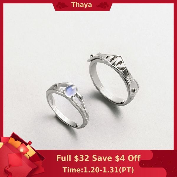 

thaya natural blue light moonstone rings lovers' romantic ring 100% s925 silver armour bands for women vintage elegant jewelry, Slivery;golden