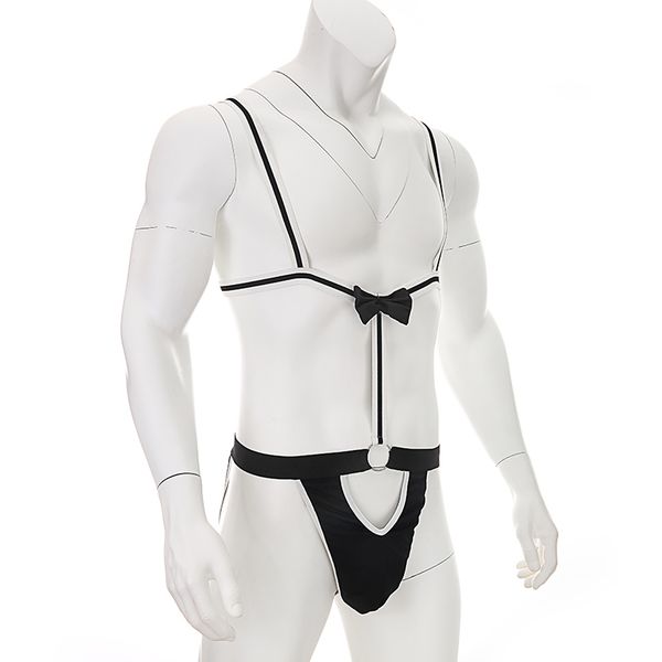 

male underwear mankini thong waiter server fancy dress costume lingerie string homme men's bodysuit bow tie performance clothes, Black