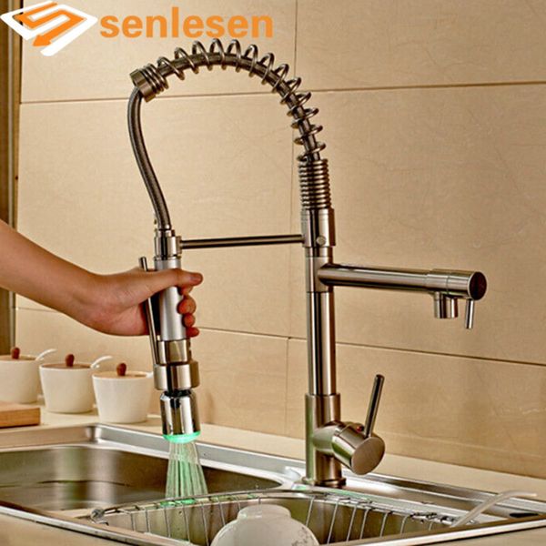 

wholesale and retail brushed nickel kitchen faucet swivel spouts led sprayer deck mounted vessel sink mixer tap