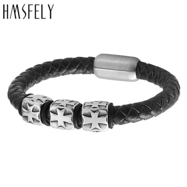

hmsfely men fashion leather bracelet stainless steel cross beads charm bracelets bangles jewelry for men magnet clasp bracelet, White