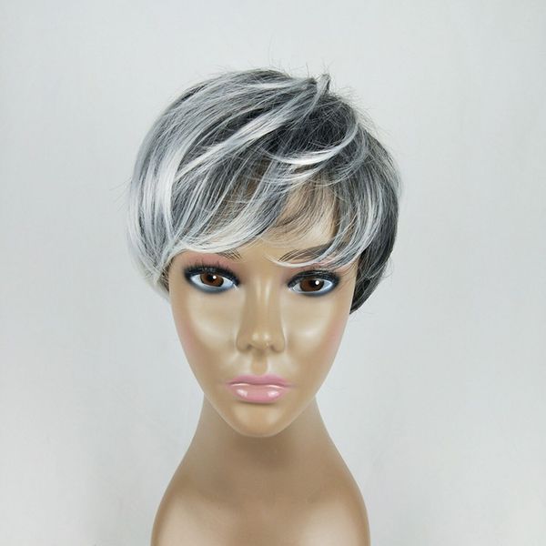 

european and american ladies short straight hair black and white mixed color gradient diffuse wig hood cross-border