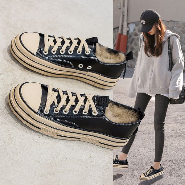 

shoes woman 2019 female moccasin all-match women's sneakers autumn loafers fur round toe modis clogs platform new genuine, Black