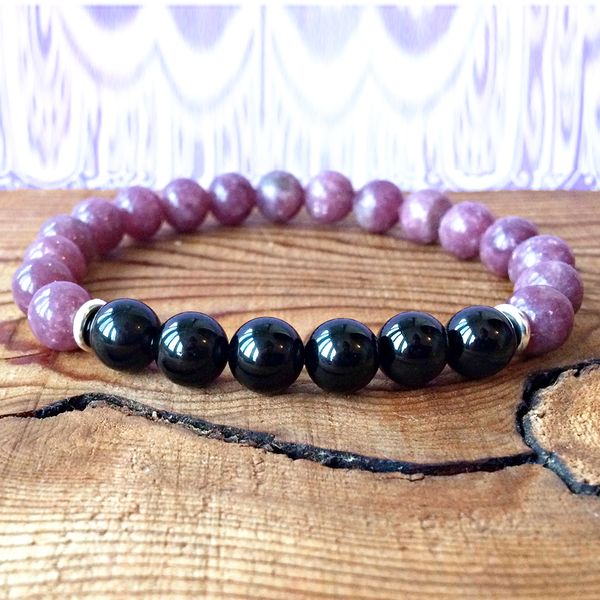 

wholesale lepidolite black onyx bracelet natural stone bracelet men`s energy wrist ing, Golden;silver
