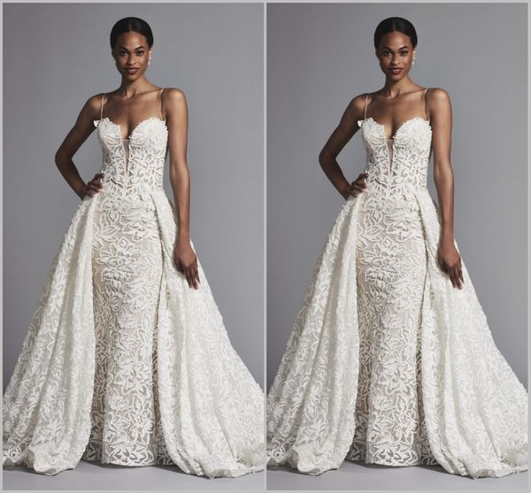 

pnina tornai 2019 overskirts mermaid wedding dresses with detachable train full lace spaghetti neck bridal gowns custom made, White
