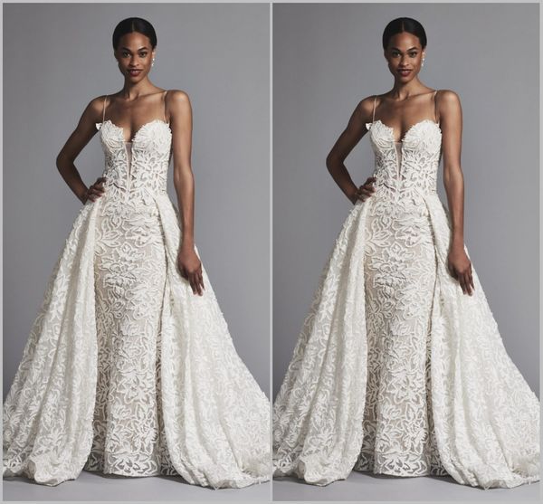 Pnina Tornai gonna oversize abiti da sposa a sirena con strascico staccabile pizzo pieno sexy abiti da sposa con collo a spaghetti realizzati su misura