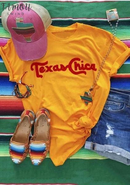 

texas chica o neck short sleeve t shirt orange red letter print tshirt women funny graphic v neck summer style fashion clothes, White