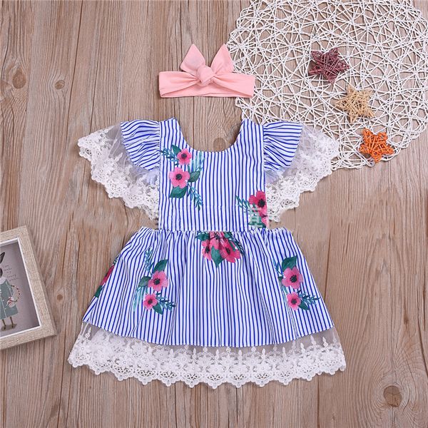 

fashion cute girls dresses flying sleeve lace printing stripes kids dress+pink headband 2 pieces set kids designer clothes girls jy533, White