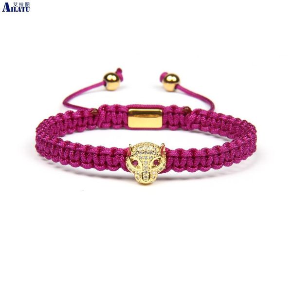 

ailatu new pink & blue cz leopard panther braided bracelets micro pave cz beads couples gift, Golden;silver