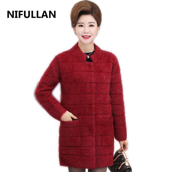 

nifullan thick knitted cardigan coat fall winter new fashion mother plus size long women pocket knitwear warm mohair jumper, White;black