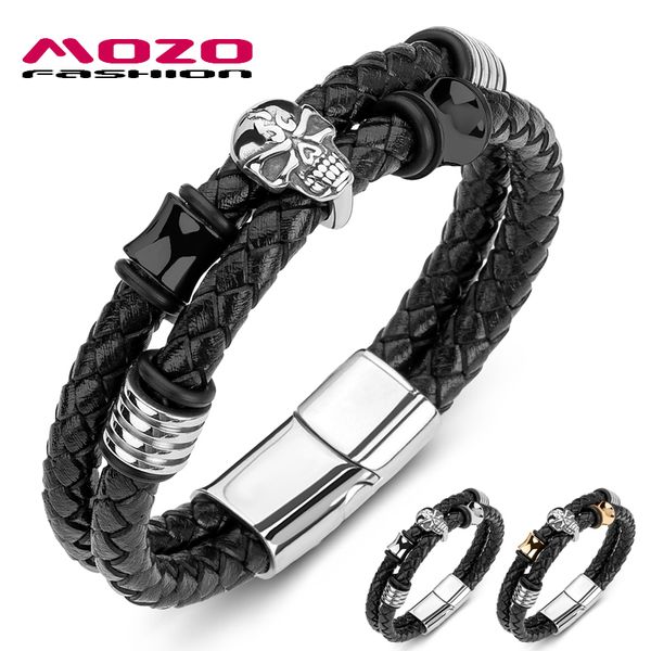 

mozo fashion new men bracelet braided leather rope chain stainless steel flame skull bracelet punk bangle skeleton jewelry 188, White