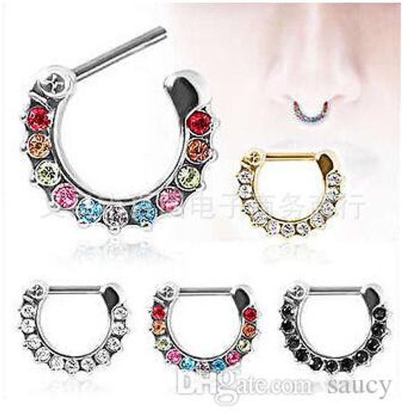 

new arrival septum clicker nose rings cz gem nose piercing 316l stainless steel body jewelry size 1.2mm, Slivery;golden