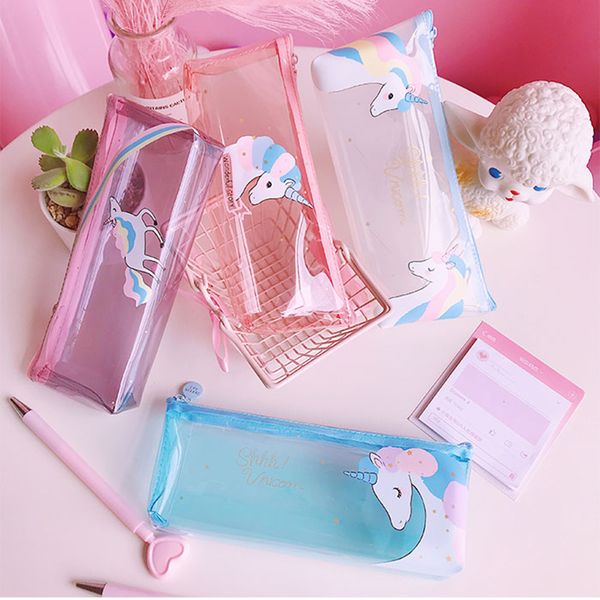

unicorn pencil case transparent pencil cases for boy girl pvc rainbow pen bag school supply stationery pouch kawaii pen case