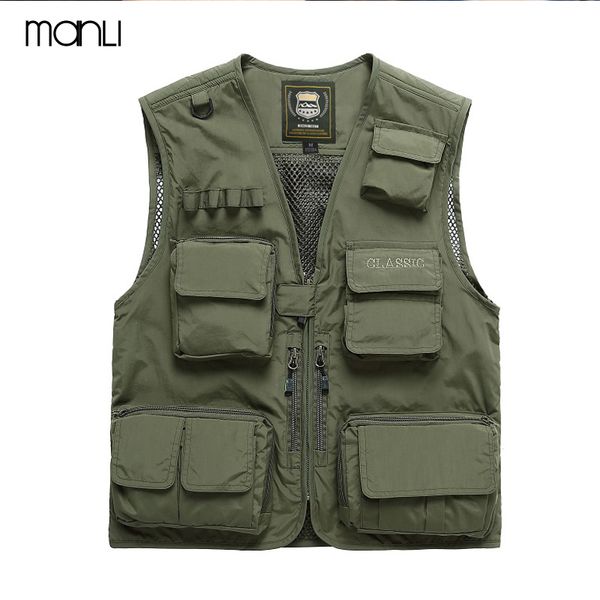 

manli men multi-pocket vest men quick dry thin mesh pgraphy vests male multifunction outdoors fishing waistcoat cargo coats, Gray;blue