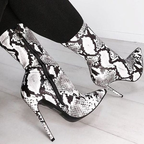 

2019 fashion women 11.5cm high heels fetish sock boots stiletto serpentine ankle boots scarpins prom spring snake print shoes, Black
