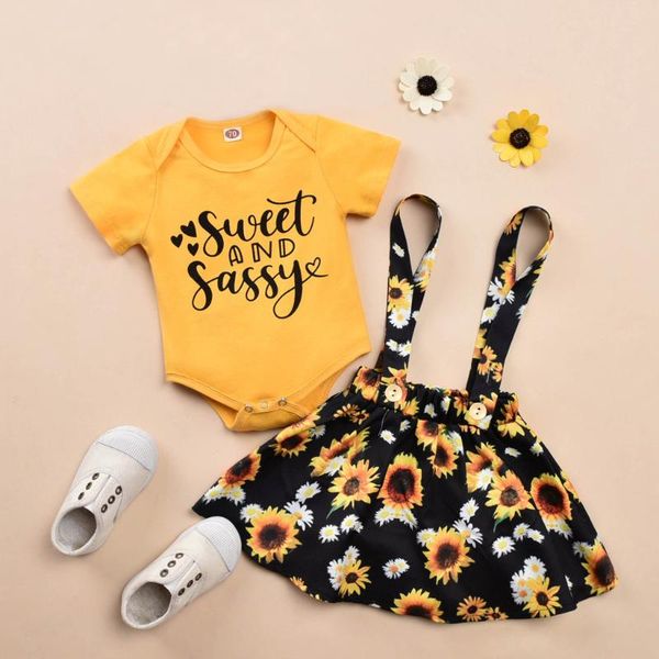 

2020 newborn infant baby girls summer letter romper+sunflowers suspender skirt infant girls clothing set baby girl clothes, White