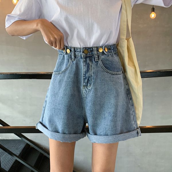 

buttons decoration high waist denim shorts women vintage loose wide leg jeans modis shorts 2020 summer new arrival, Blue