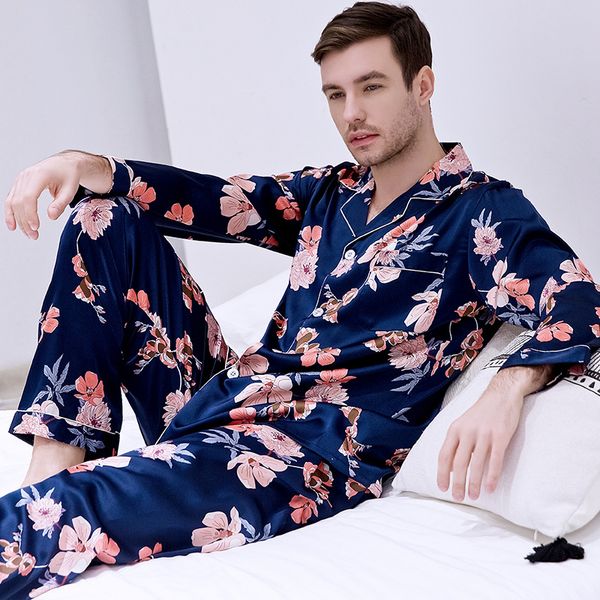 

print floral 2pcs long sleeve shirt&pant couple sleep set loose pajamas suit satin sleepwear intimate lingerie spring nightwear, Black;brown