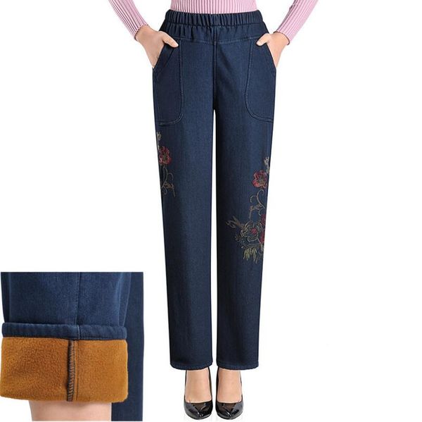 

2019 winter high waist plus velvet jeans woman elastic waist loose straight plus size 5xl denim pants femme warm trousers w54, Blue