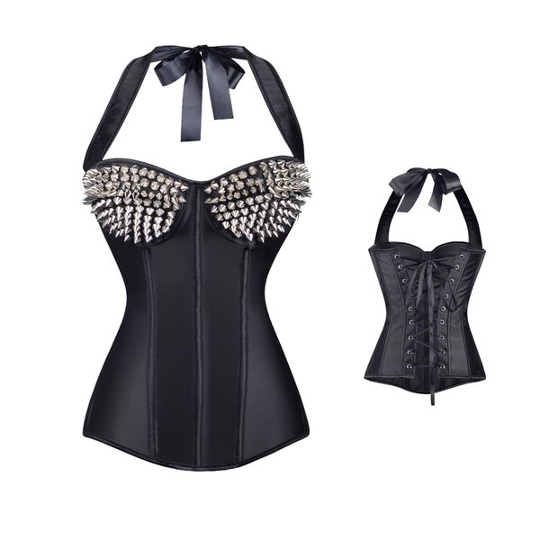 

gothic steampunk women rivet corsets bustiers style halter overbust corsets waist corset slimming body shaper corset top, Black;white