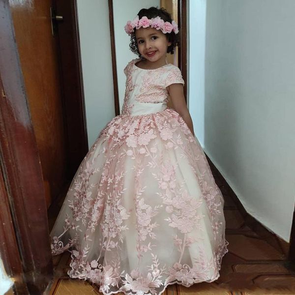 Nuove ragazze di fiori rosa caldo gioiello maniche corte Appliques in pizzo perle perle lunghezza del pavimento per bambini per bambini abiti da festa di compleanno