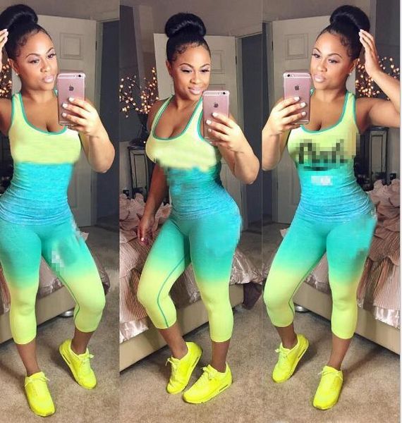 

Gradient women pink track uit two piece letter outfit leevele tank tight pant ummer jogger uit