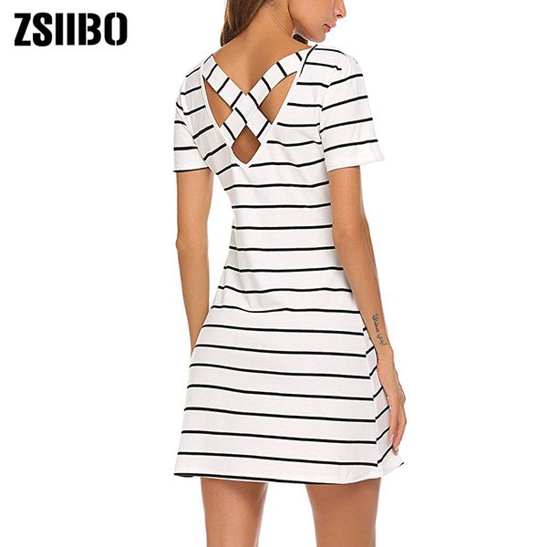 

2019 fashion dress womens casual striped criss cross short sleeve t shirt mini dress, Black;gray