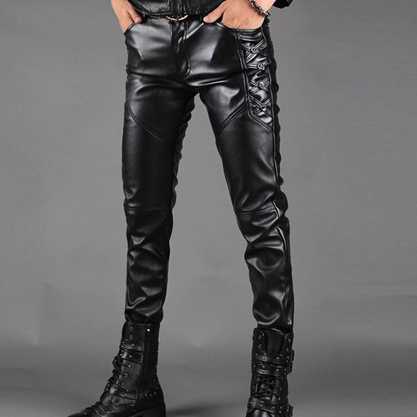 

men's leather pants men fashion casual pant male slim fit pu leather locomotive pants punk rock stage show clothing, Black