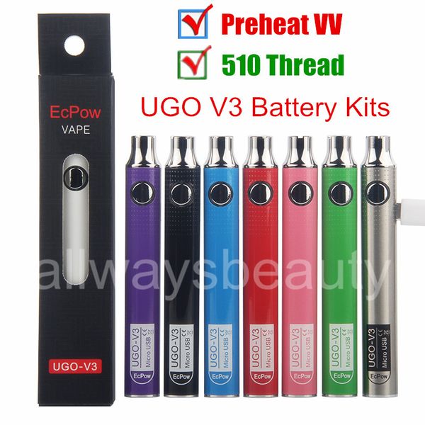

Аутентичные подогрев переменного напряжения UGO V3 510 резьба Vape Ecig батареи комплекты EVOD Twist Vaper Vision Vape ручки для толстых масляных картриджей