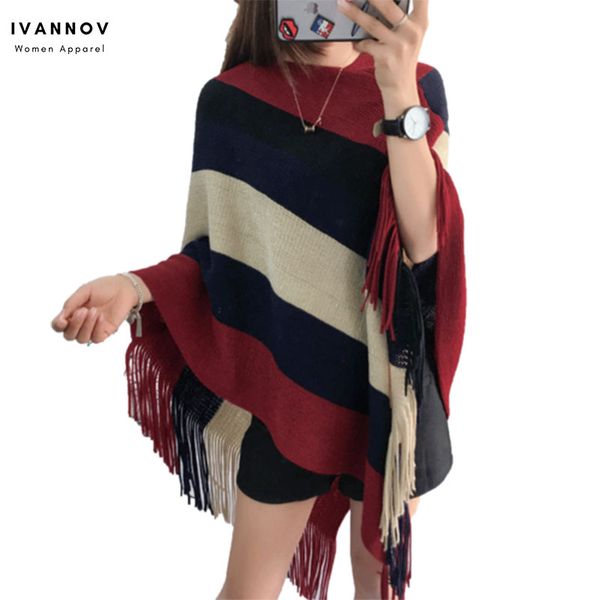

tassel sweater women's batwing cloak shawl coat stripes 2019 spring autumn pulloveres jumpers loose elegant ladies outwear, Black