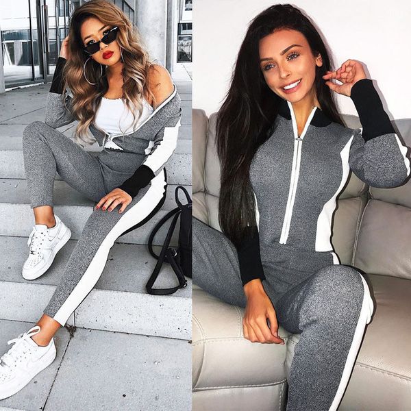 

new 2pcs women leisure tracksuits vogue female patchwork long sleeve slim fit outfits two pieces set lady casual tracksuit sets, White