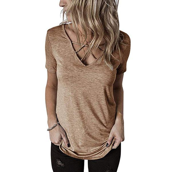 

gaoke 2020 women short sleeve t-shirts summer deep v neck bandage t-shirts women tees cross casual basic tee, White