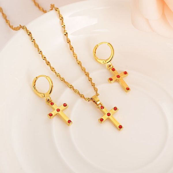 Novos conjuntos de jóias africanas finas finas acabamento de ouro cristal cz cruz redzircon pingente colar para mulheres cadeia meninas crianças festa