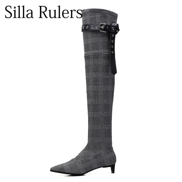 

silla rulers kitten heel pointed toes over-the-knee boots belt buckle long cylinder elastic boots lean leg woman, Black