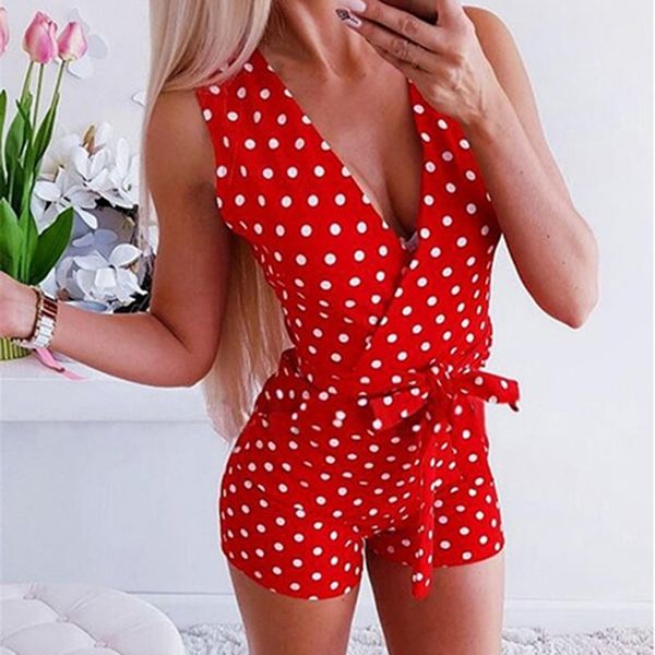 

2019 summer new sleeveless polka cot printed shahes playsuits deep v neck women fashion jumpsuit summer beach, Black;white