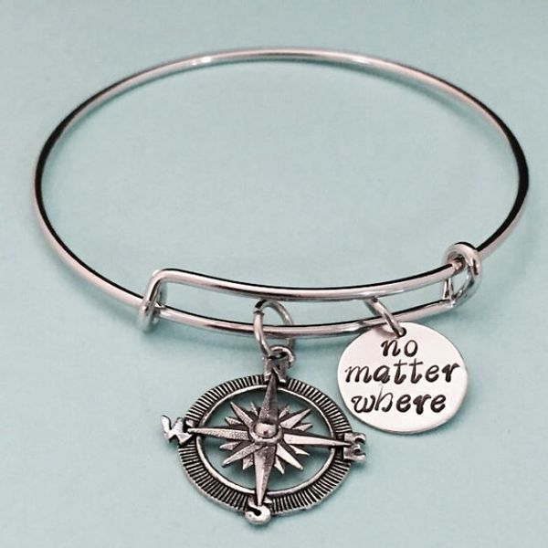 

new style ancient silver compass no matter where letter tag charm bangle fashion creative designer bracelet women men jewelry valentine gift, Black