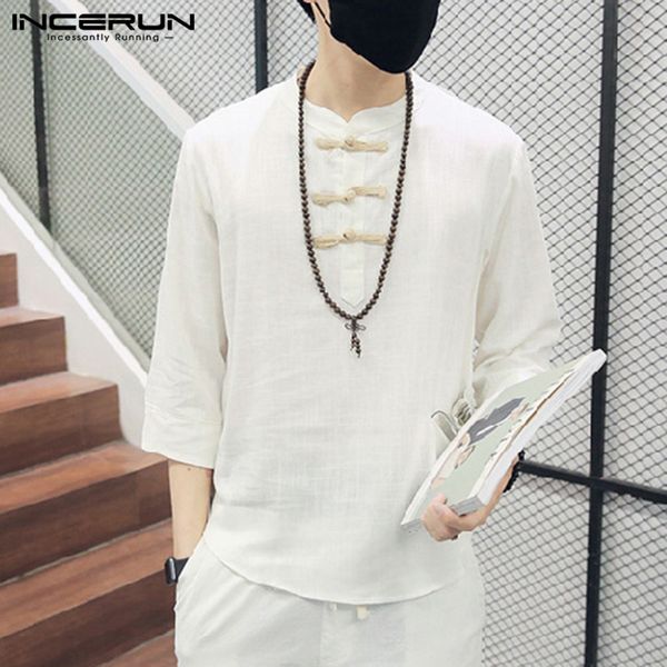 

incerun traditional fashion men solid color 3/4 sleeve shirt retro comfort joker buckle men casual street cotton pullover blouse, White;black