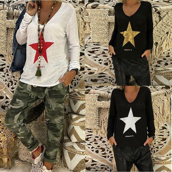 

star print harajuku t shirt women long sleeve basic korean femme long sleeve white black tshirt feminina  5xl
