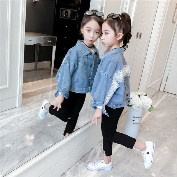 

baby girl blue jean jacket spring autumn jeans jacket long sleeve lace patchwork denim coat children fashion street wear, Blue;gray