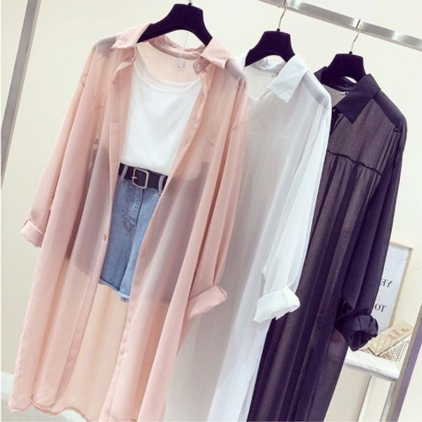 

women 2020 summer fashion solid color chiffon shirts female loose casual thin cardigan long sunscreen jacket blouse g196, Black;brown