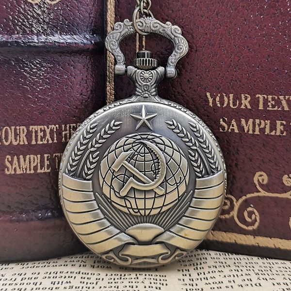 

vintage ussr soviet sickle hammer style quartz pocket watch necklace bronze pendant clock cccp russia emblem communism td2192, Slivery;golden