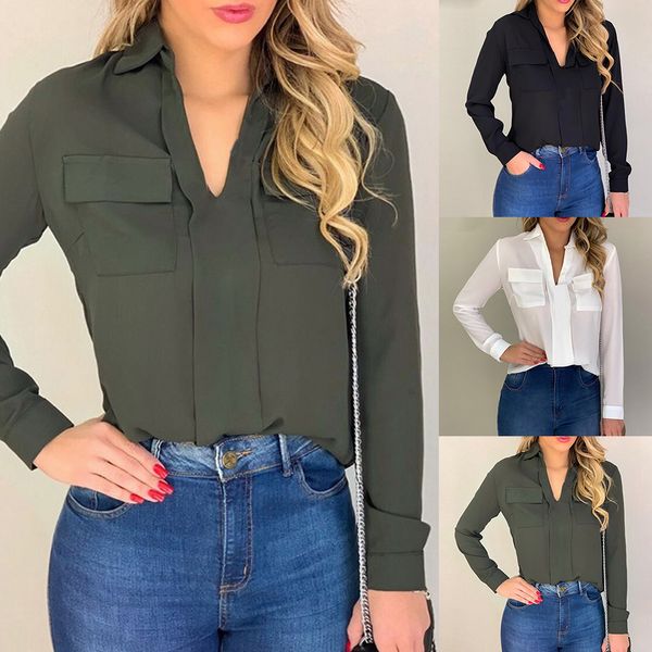 

2019 new autumn fashion women long sleeve v-neck shirt office blouse slim casual female solid casual pockets shirts, White